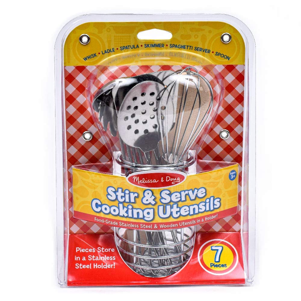Melissa & Doug Stir and Serve Cooking Utensils (7 pcs) - Stainless Steel and Wood
