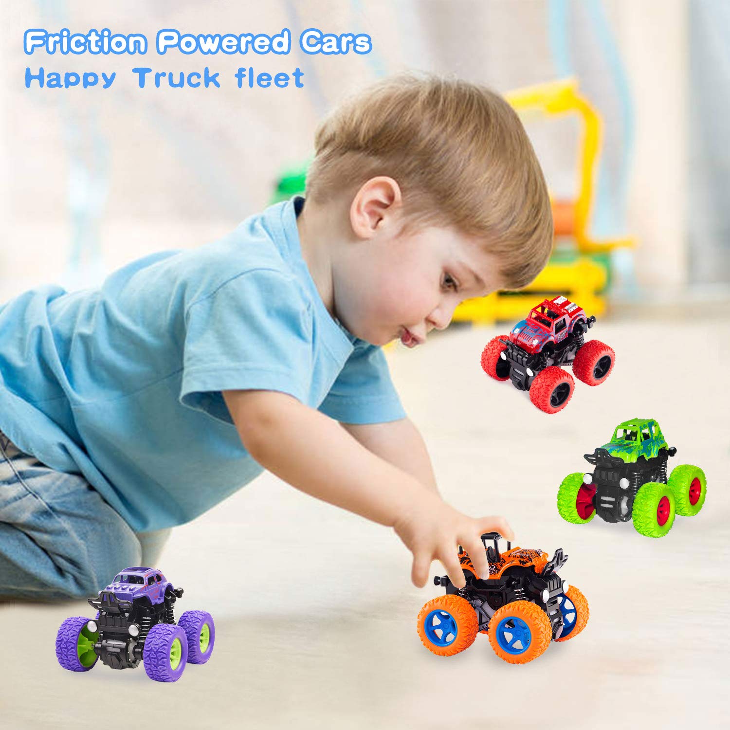 Monster Truck Toys - Friction Powered Toy Cars Push and Go Vehicles for Kids Best Christmas Birthday Party Gift for Boys Girls Aged 3 and Above 4-Pack