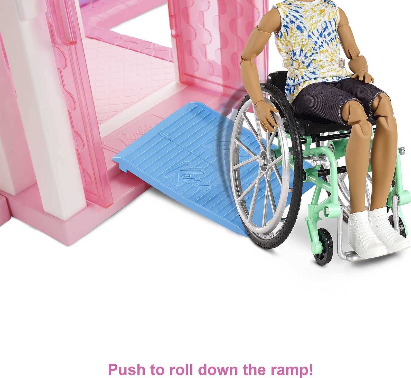 Barbie Ken Fashionistas Doll #167 with Wheelchair & Ramp Wearing Tie-Dye Shirt, Black Shorts, White Sneakers & Sunglasses, Toy for Kids 3 to 8 Years Old