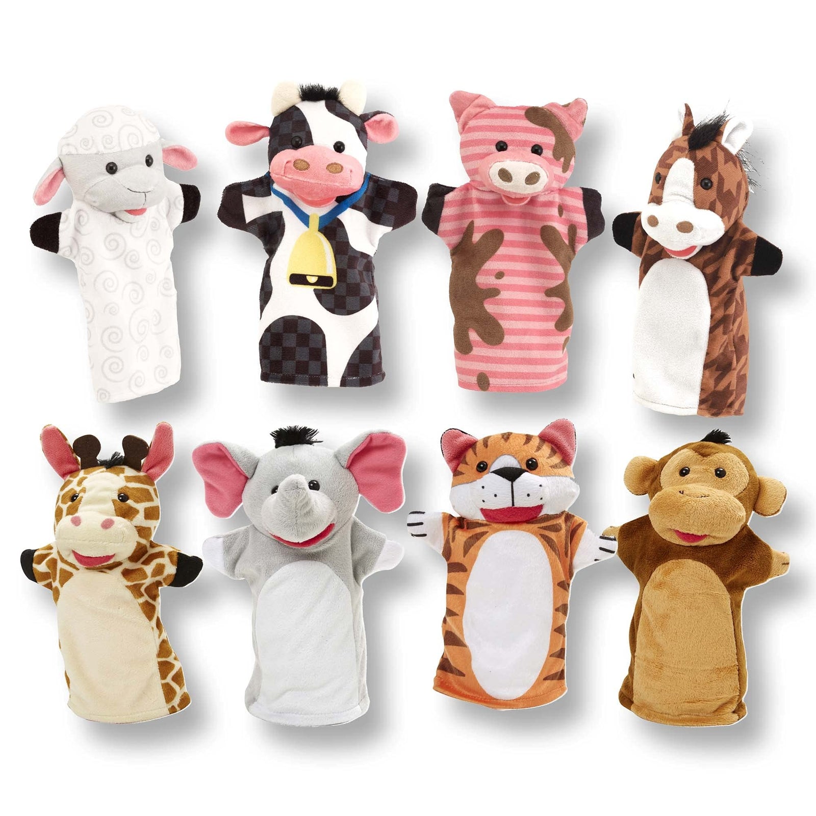 Melissa & Doug Animal Hand Puppets (Set of 2, 4 animals in each) - Zoo Friends and Farm Friends