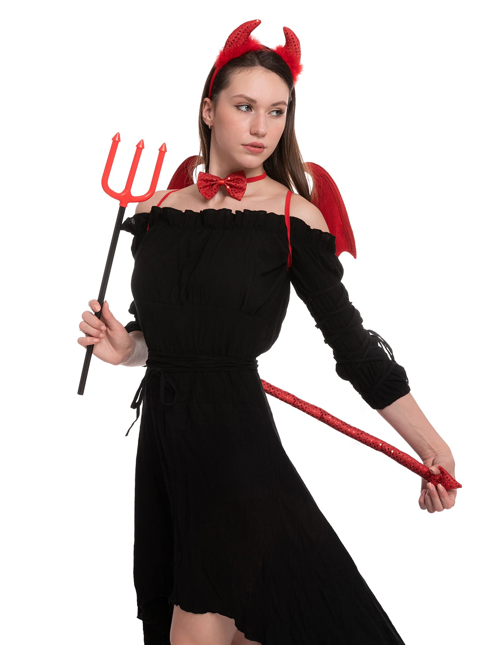 Spooktacular Creations 5 Pieces Halloween Devil Costume Set with Red Devil Wings, Devil Pitchfork, Bow Tie, Sequin Devil Horn Headband, and Devil Tail Demon Costume Accessories for Cosplay Party