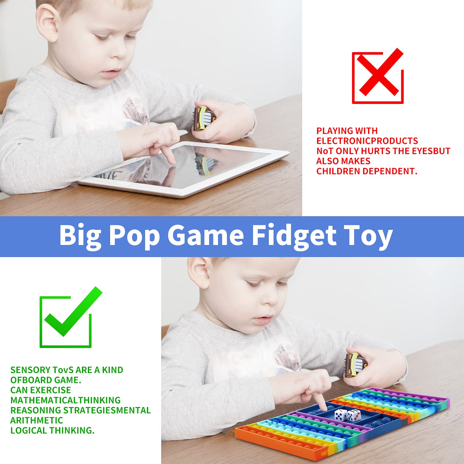 TAFULOR Big Size Push Pop Game Fidget Toy,Pop Game Board， Rainbow Fidget Toy, Pop Chess Board Game with 2 Dices, Interactive Jumbo Pop Stress Relief Figetget Toy Help Kids Adults with Anxiety & ADD