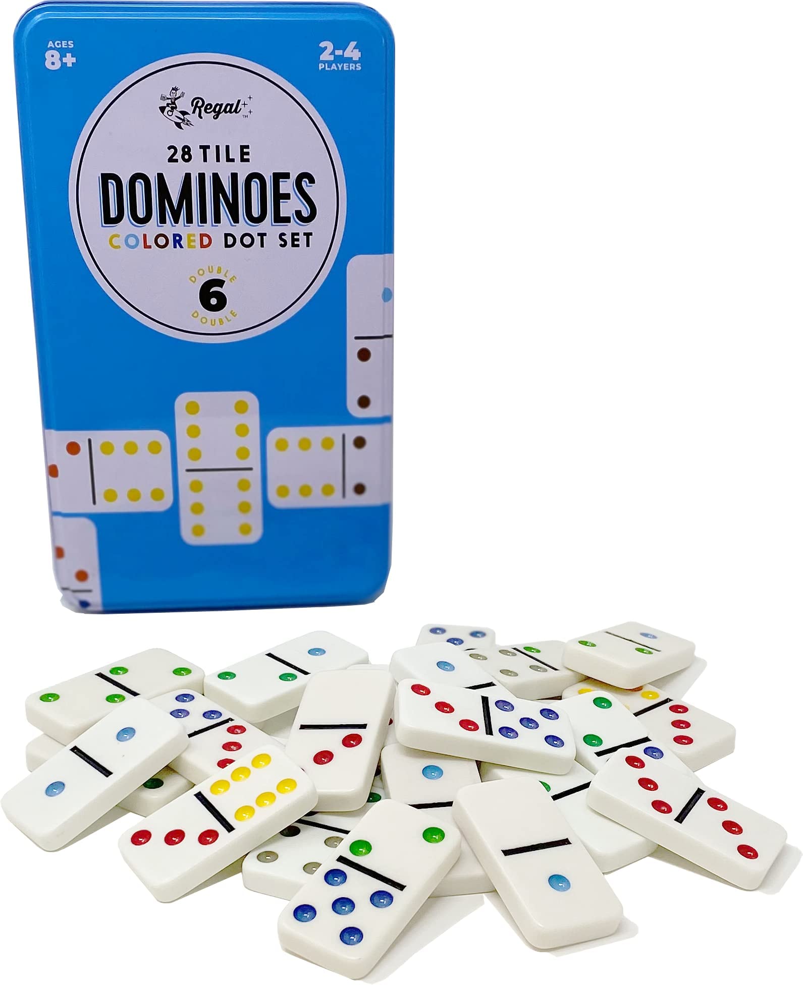 Regal Games - Double 6 Dominoes Set with Colored Dots, 28 Tiles and Collector's Tin