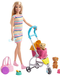 Barbie Stroll ‘n Play Pups Playset with Blonde Barbie Doll (11.5-Inch), 2 Puppies, Pet Stroller and Accessories, Gift for 3 to 7 Year Olds
