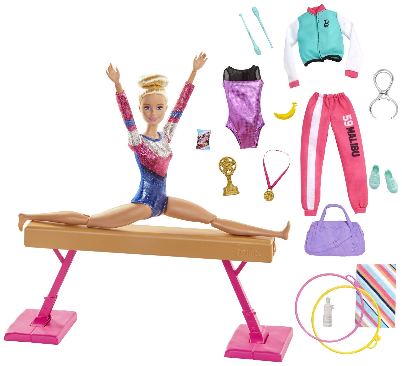 Barbie Gymnastics Playset: Barbie Doll with Twirling Feature, Balance Beam, 15+ Accessories for Ages 3 and Up