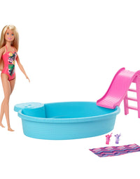 Barbie Doll, 11.5-Inch Blonde, and Pool Playset with Slide and Accessories, Gift for 3 to 7 Year Olds
