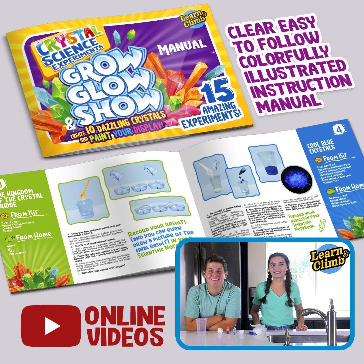 Crystal Growing kit for Kids. Science Experiment Kit - 10 Crystals! Great Crafts Gift for Girls and Boys Ages 6,7,8,9,10