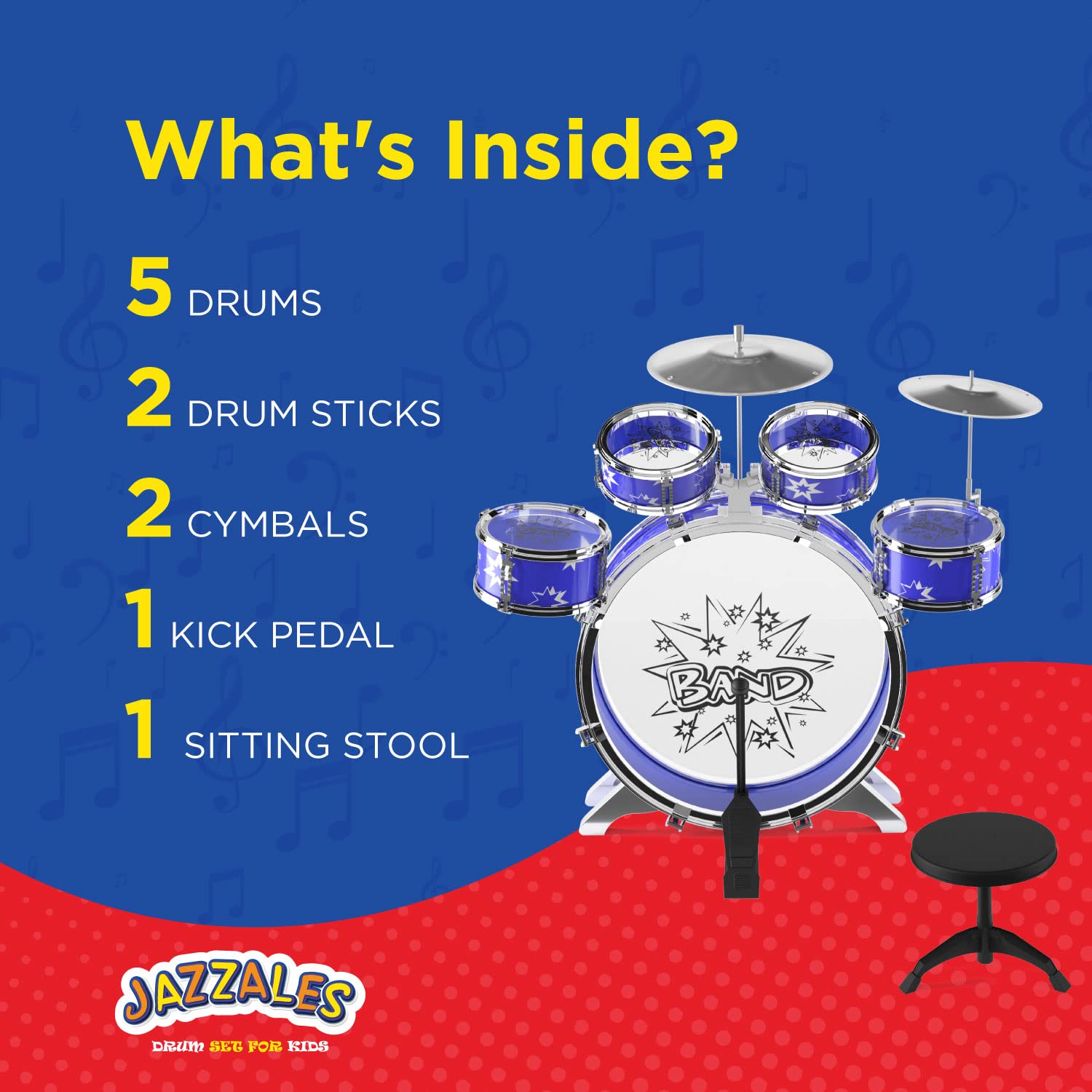 EMAAS Kids Jazz Drum Set for Kids – 5 Drums, 2 Drumsticks, Kick Pedal, Cymbal Chair, Stool – Ideal Gift Toy for Kids, Teens, Boys & Girls - Stimulates Musical Talent Imagination and Creativity