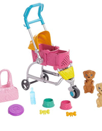 Barbie Stroll ‘n Play Pups Playset with Blonde Barbie Doll (11.5-Inch), 2 Puppies, Pet Stroller and Accessories, Gift for 3 to 7 Year Olds
