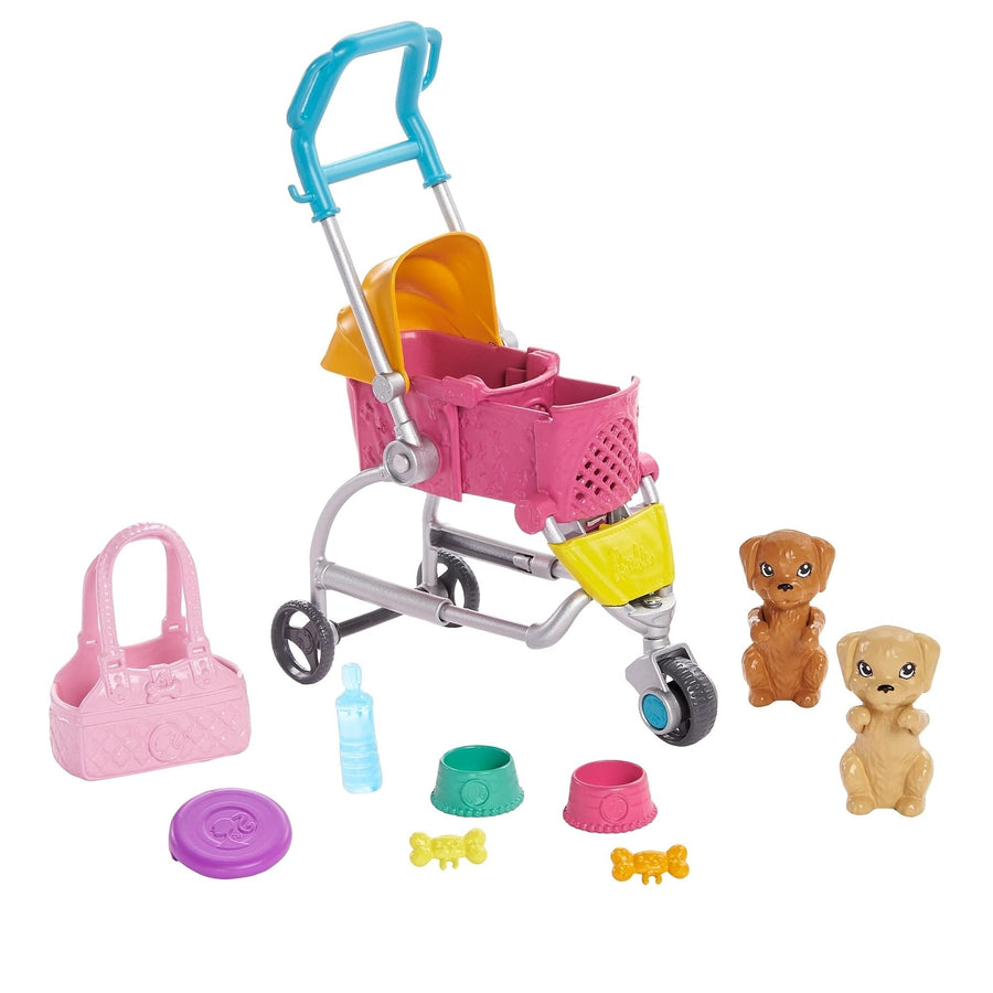 Barbie Stroll ‘n Play Pups Playset with Blonde Barbie Doll (11.5-Inch), 2 Puppies, Pet Stroller and Accessories, Gift for 3 to 7 Year Olds