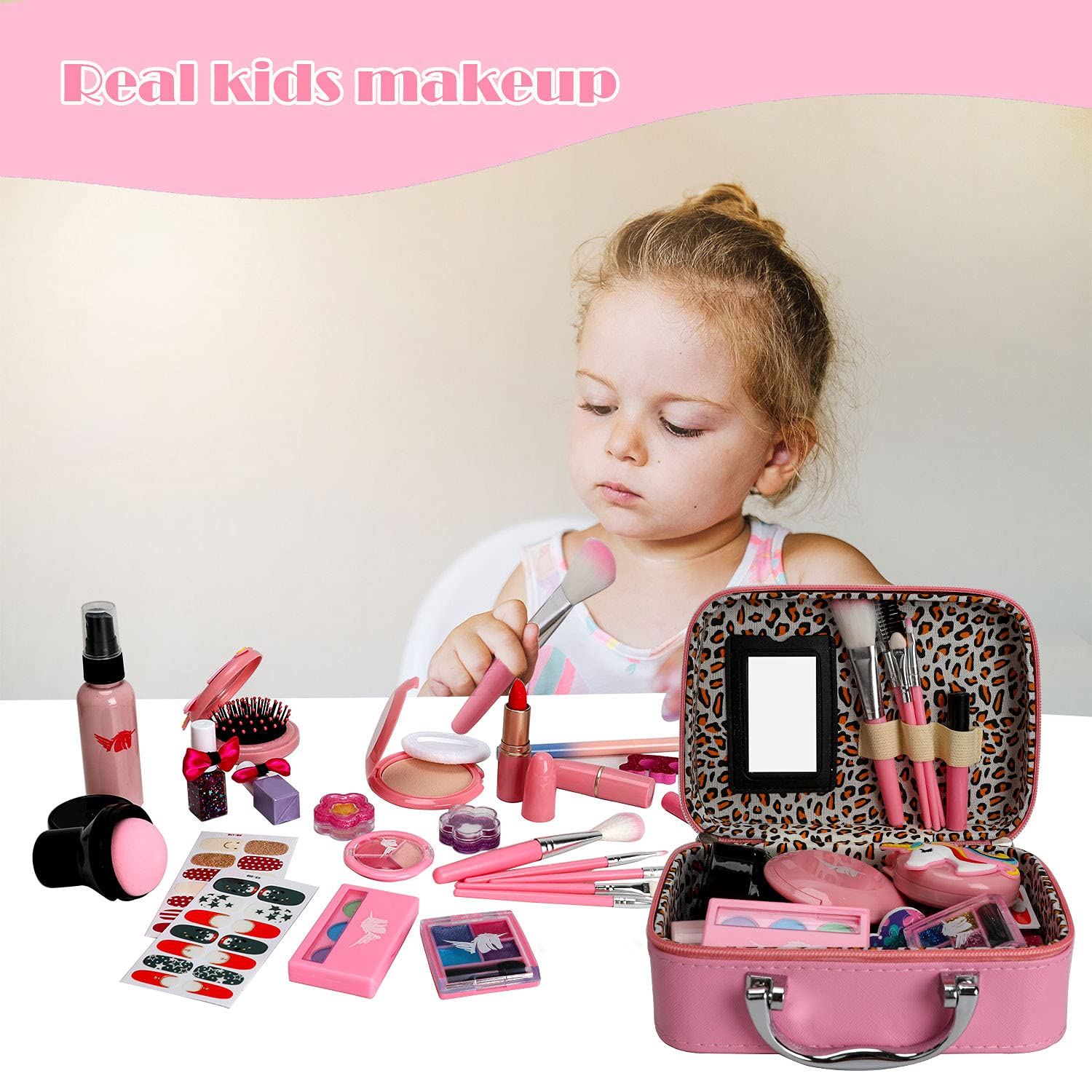 Flybay Kids Makeup Kit for Girls, Real Washable Makeup Set for Girl Children, Princess Play Makeup Toys, Pretend Makeup Kit Christmas Toys Gifts with Cosmetic Case for 4 5 6 7 8 Years Old Girls