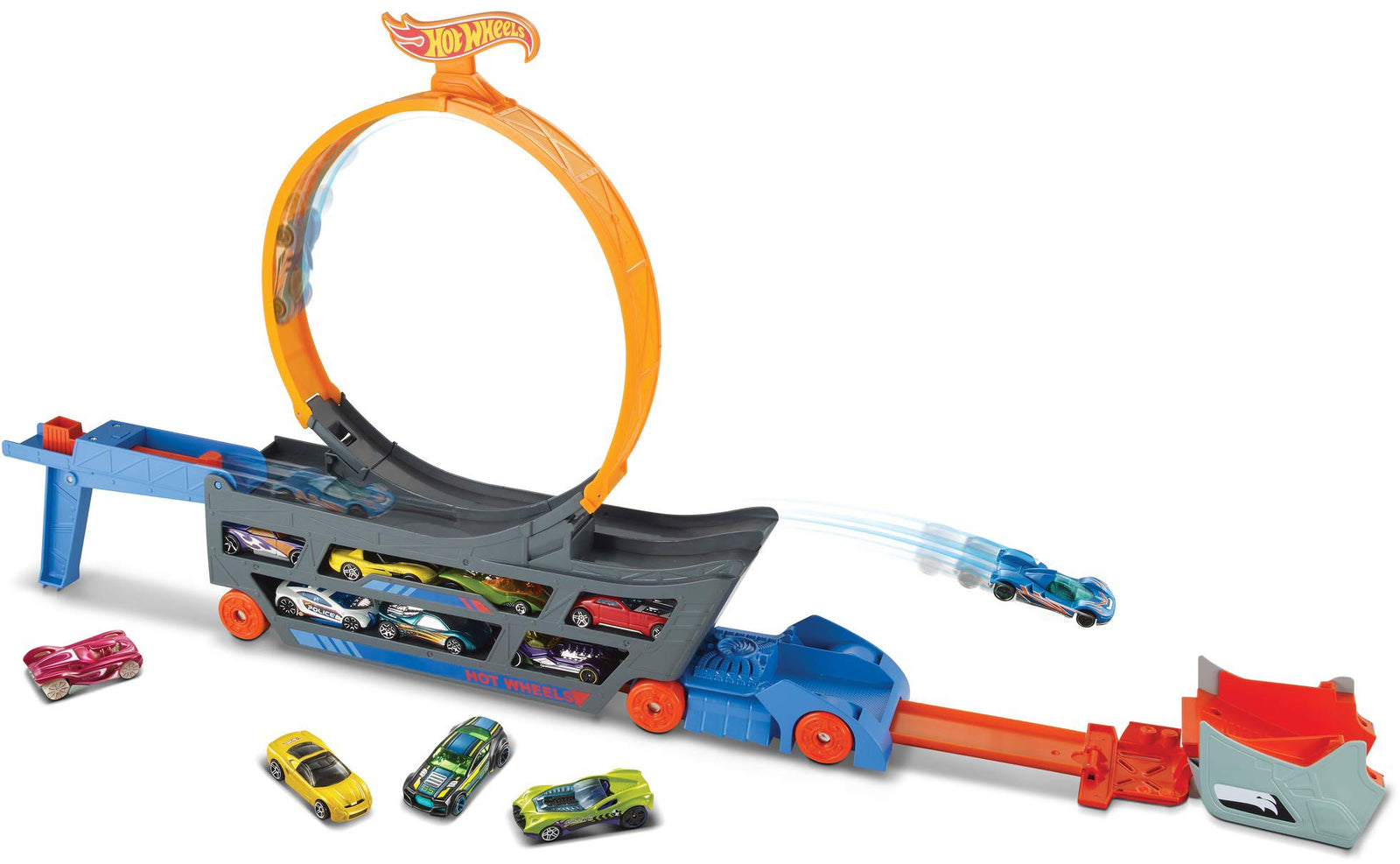 Hot Wheels Transporter Truck Mobile Play Set Large Loop Collapsible Launcher Room for 18 Die-Cast 1:16 Vehicles Ages 3 and Up