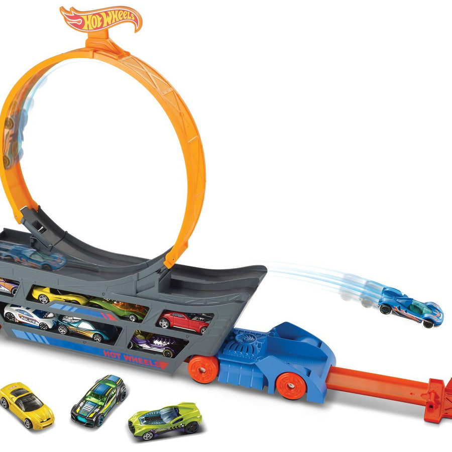 Hot Wheels Transporter Truck Mobile Play Set Large Loop Collapsible Launcher Room for 18 Die-Cast 1:16 Vehicles Ages 3 and Up