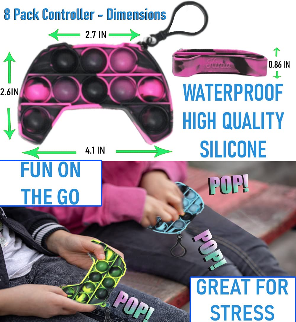 KINIA 8 Pack Fidget Toys Mini Pop It Sensory Controller Toy Fidgets Keychain - Patent Pending - Controller Shaped Keychain Pop It Toy for Kids Children Adults (8 Pack, Controller Multicolor)