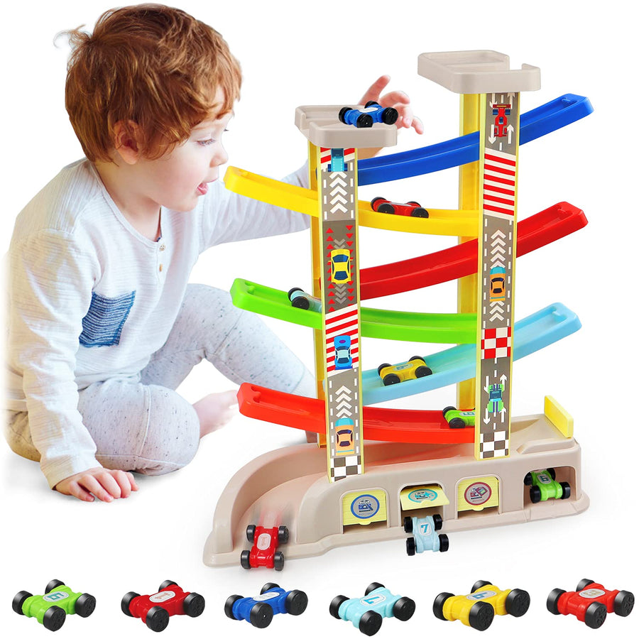 aotipol Montessori Toys for 2 3 Year Old Boys Toddlers, Car Ramp Toys with 6 Cars & Race Tracks, Garages and Parking Lots, Ramp Racer Toy Gift for Boys Girls Age 18 Months and Up