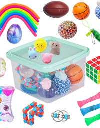 24 Pack Bundle Sensory Fidget Toys Set-Liquid Motion Timer/Grape Ball/Mochi Squishy/Stretchy String/Flippy Chain/Easter Egg/Marble Mesh/Squeeze Bean/Cube for Autistic Kids, ADHD, Anti-Stress Toys
