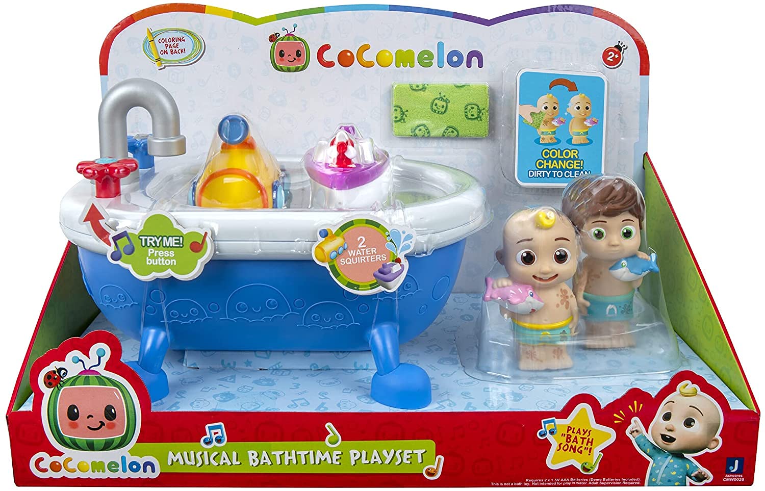 CoComelon Musical Bathtime Playset - Plays Clips of The ‘Bath Song’ - Features 2 Color Change Figures (JJ & Tomtom), 2 Toy Bath Squirters, Cleaning Cloth – Toys for Kids, Toddlers, and Preschoolers