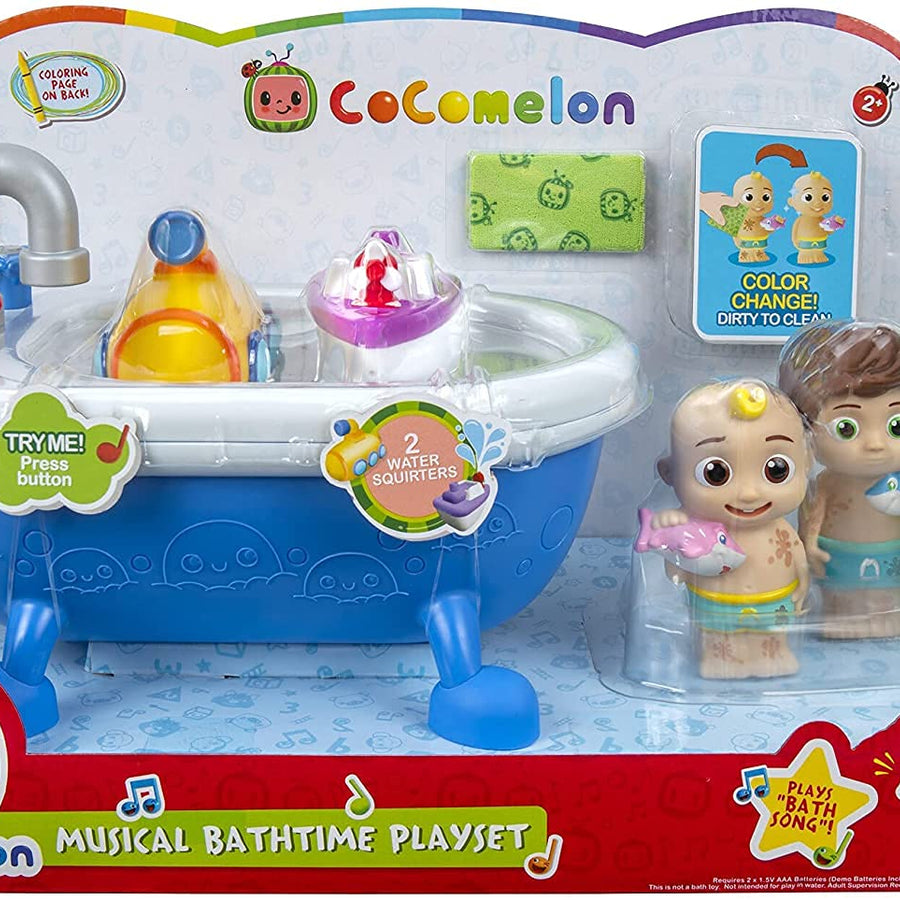 CoComelon Musical Bathtime Playset - Plays Clips of The ‘Bath Song’ - Features 2 Color Change Figures (JJ & Tomtom), 2 Toy Bath Squirters, Cleaning Cloth – Toys for Kids, Toddlers, and Preschoolers