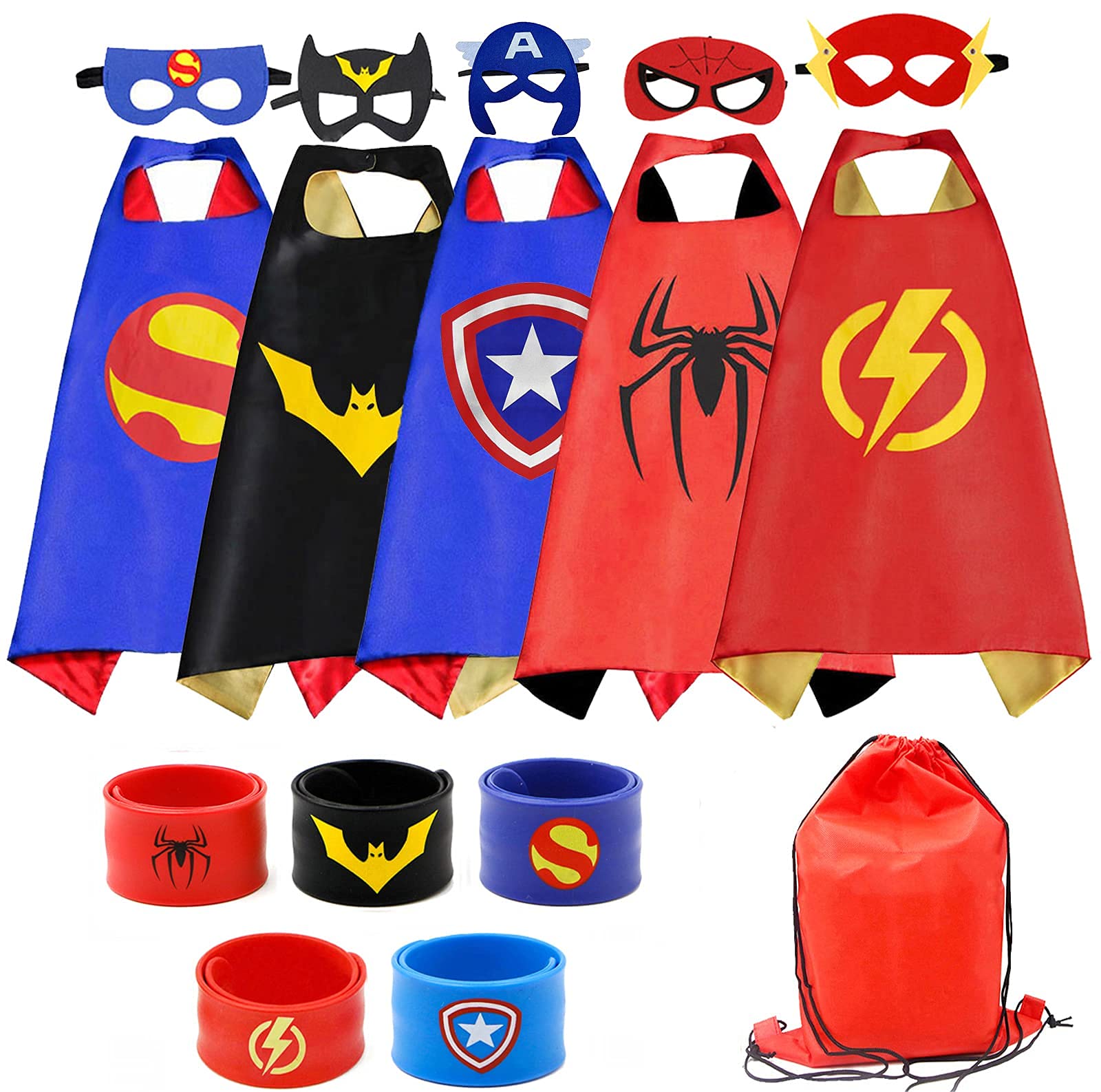 RioRand Kids Dress Up 5PCS Superhero Capes Set and Slap Bracelets for Boys Costumes Birthday Party Gifts