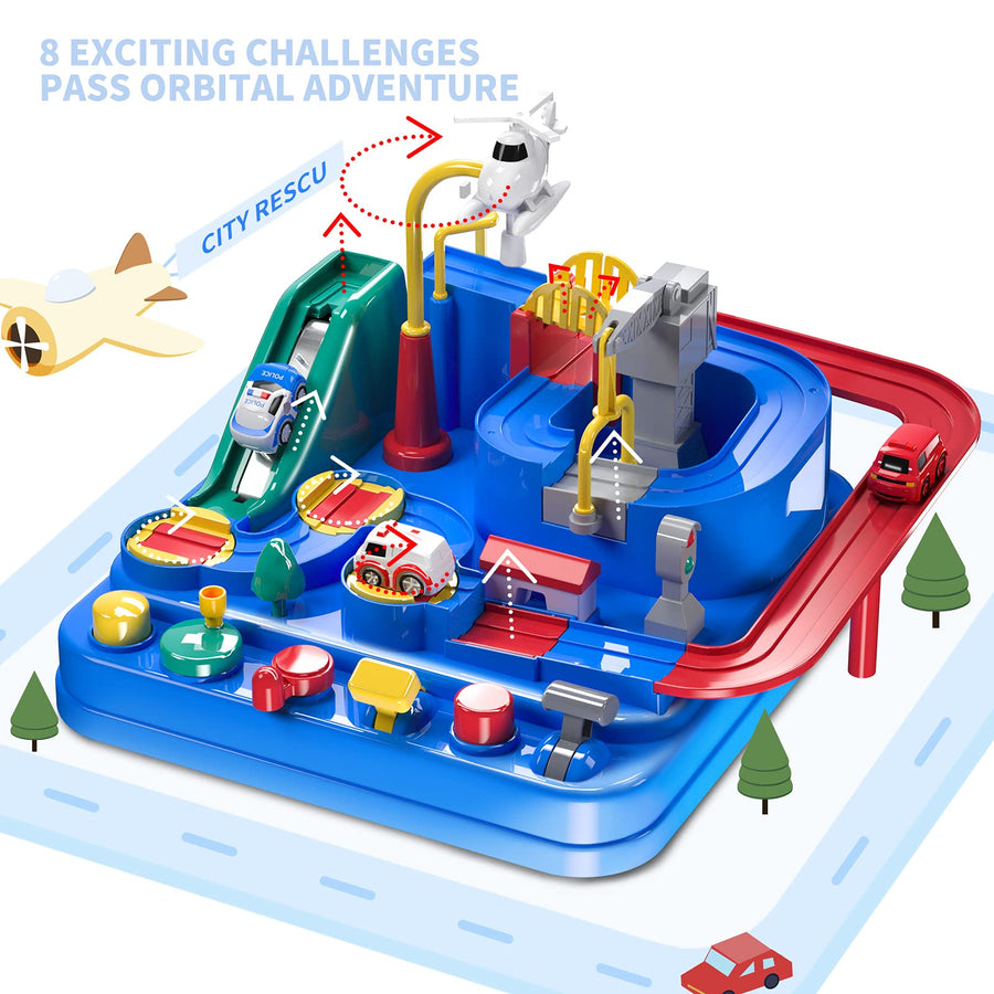 TEMI Kids Race Track Toys for Boy Car Adventure Toy for 3 4 5 6 7 Years Old Boys Girls, Puzzle Rail Car, City Rescue Playsets Magnet Toys w/ 3 Mini Cars, Preschool Educational Car Games Gift Toys