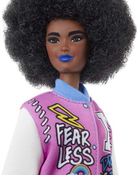 Barbie Fashionistas Doll #156 with Brunette Afro & Blue Lips Wearing Graphic Coat Dress & Yellow Shoes, Toy for Kids 3 to 8 Years Old
