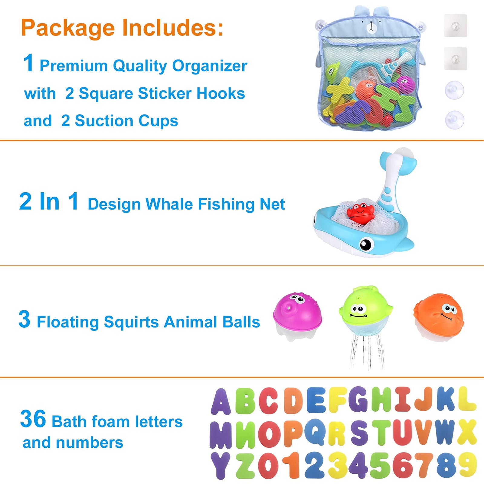 Bath Toy Sets, 36 Foam Bath Letters and Numbers, Floating Squirts Animal Toys Set with Fishing Net and Organizer Bag, Fish Catching  Game for Babies Infants Toddlers Bathtub Time