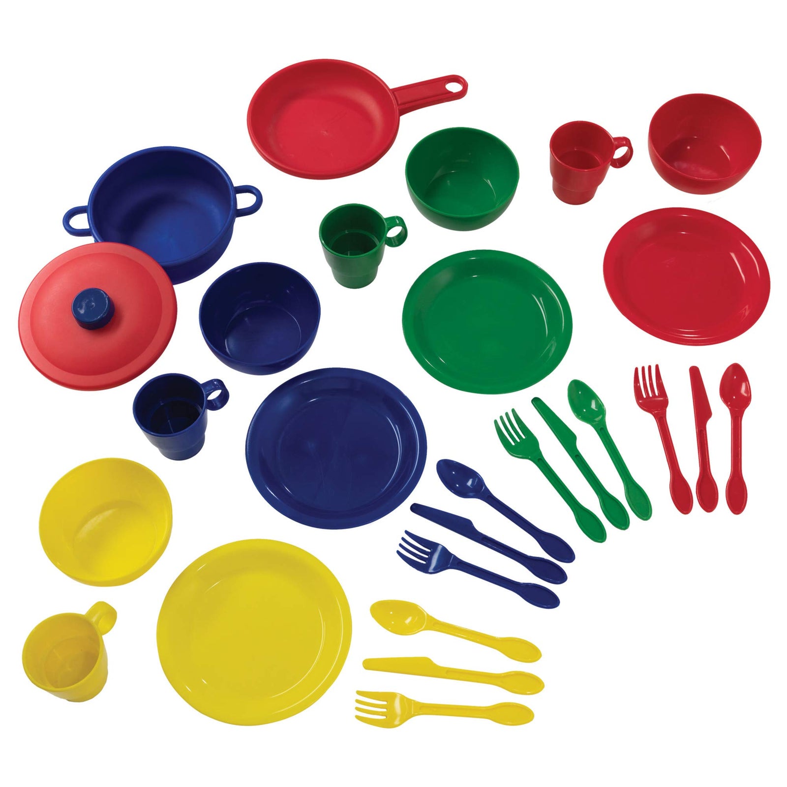 KidKraft 27-Piece Primary Colored Cookware Set, Plastic Dishes and Utensils for Play Kitchens, Gift for Ages 18 mo+