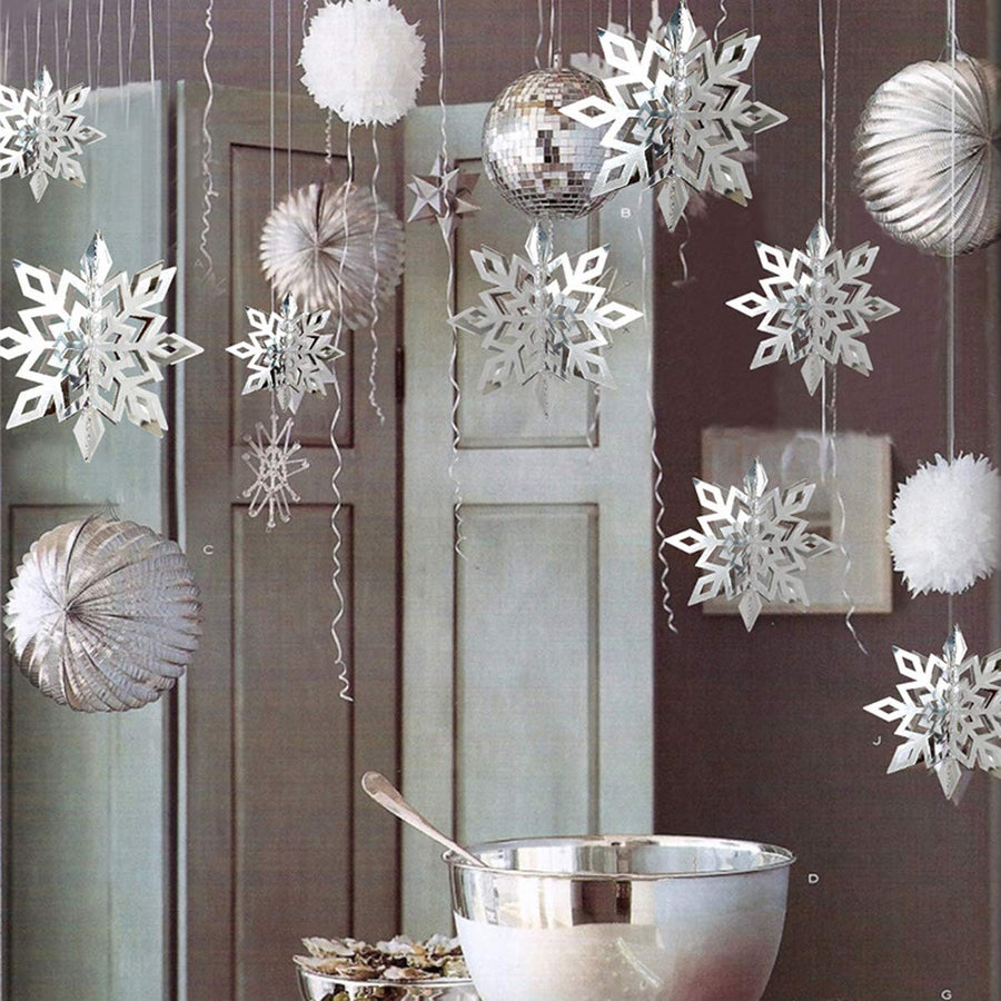 Winter Christmas Hanging Snowflake Decorations, 12PCS 3D Large Silver Snowflakes & 12PCS White Paper Snowflakes Hanging Garland for Christmas Winter Wonderland Holiday New Year Party Home Decoration