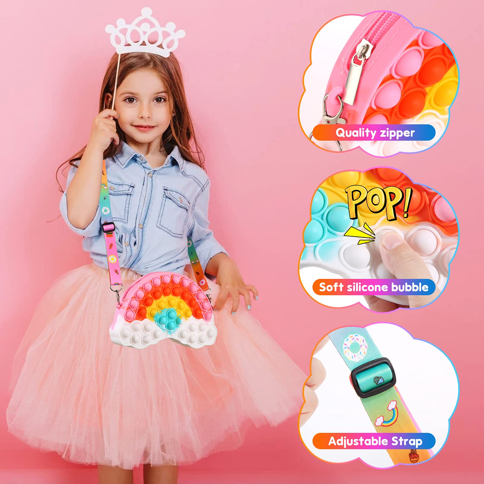 Tckoll Pop Purse Bag Fidgets for Girls,Rainbow Clouds Pop Purse Popper Bubbles Fidget Toys Handbags,Simple Anxiety Sensory Fidegt Toy,Fidget Toys Halloween Birthday Party Fidgets Gifts for Girls 10-12