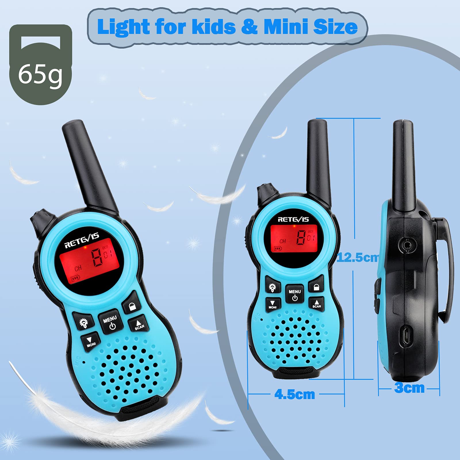 Retevis RT38 Walkie Talkies for Kids,Toys with 22 CH Flashlight,USB Charging Port,Mini Hands Free Walkie Talkie Toy Gifts for Boys Girls Aged 6-12,Camping Hiking Outdoors(Blue, 2 Pack)