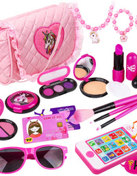Meland Kids Makeup Kit - Girl Pretend Play Makeup & My First Purse Toy for Toddler Gifts with Pink Princess Purse, Smartphone, Sunglasses, Credit Card, Lipstick,Brush,Lights Up & Make Real Life Sounds

