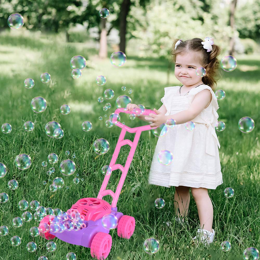 ArtCreativity Pink and Purple Bubble Lawn Mower for Toddlers | Electronic Bubble Blower Machine | Fun Bubbles Blowing Push Toys for Kids | Bubble Solution Included | Christmas Birthday Gift for Girls