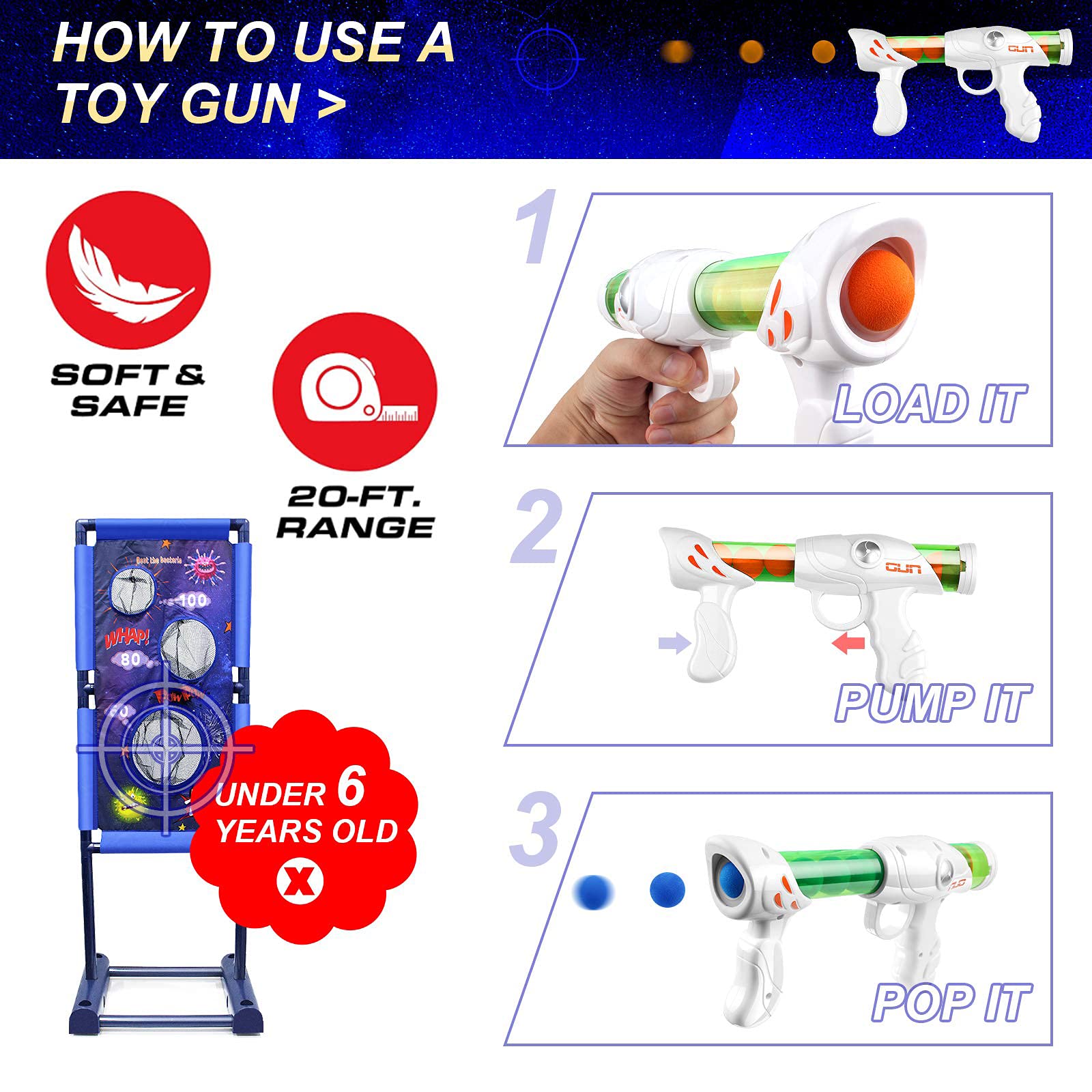 Kaufam Gun Toy Gift for Boys Age of 4 5 6 7 8 9 10 10+ Years Old Kids Girls for Birthday with Moving Shooting Target 2 Blaster Gun and 18 Foam Balls (Toy Gun Set)