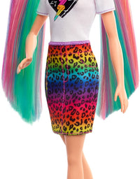 Barbie Leopard Rainbow Hair Doll (Blonde) with Color-Change Hair Feature, 16 Hair & Fashion Play Accessories Including Scrunchies, Brush, Fashion Tops, Cat Ears, Cat Purse & More
