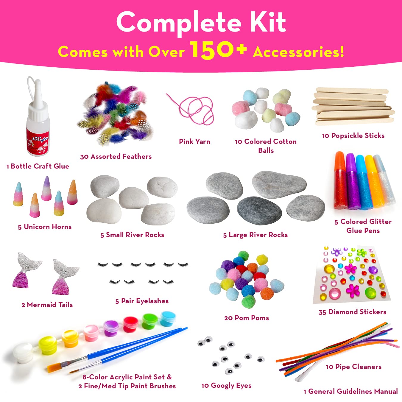 Rock Painting Kit for Kids with Unicorn Horns, Mermaid Tails and Butterfly Accessories - Includes Step-by-Step Rock Art Lessons for Girls and Boys All Ages - Arts and Crafts Paint Kits Gifts and Toys