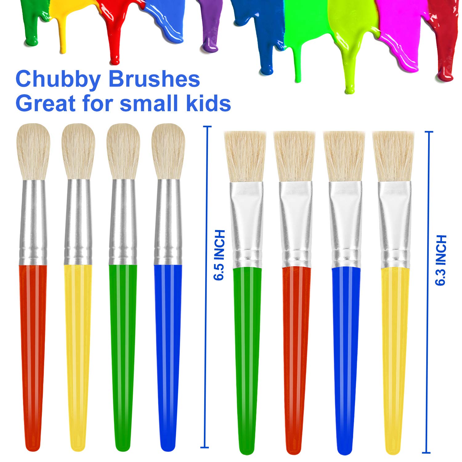 Paint Brushes for Kids, 8 Pcs Big Washable Chubby Toddler Paint Brushes, Easy to Clean & Grip Round and Flat Preschool Paint Brushes with No Shed Bristle for Acrylic Paint, Washable Paint
