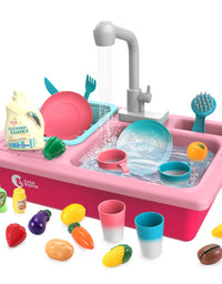 CUTE STONE Play Kitchen Sink Toys,Electric Dishwasher Playing Toy with Running Water,Upgraded Automatic Faucets and Color Changing Accessories, Role Play Sink Set Gifts for Kids Boys Girls Toddlers
