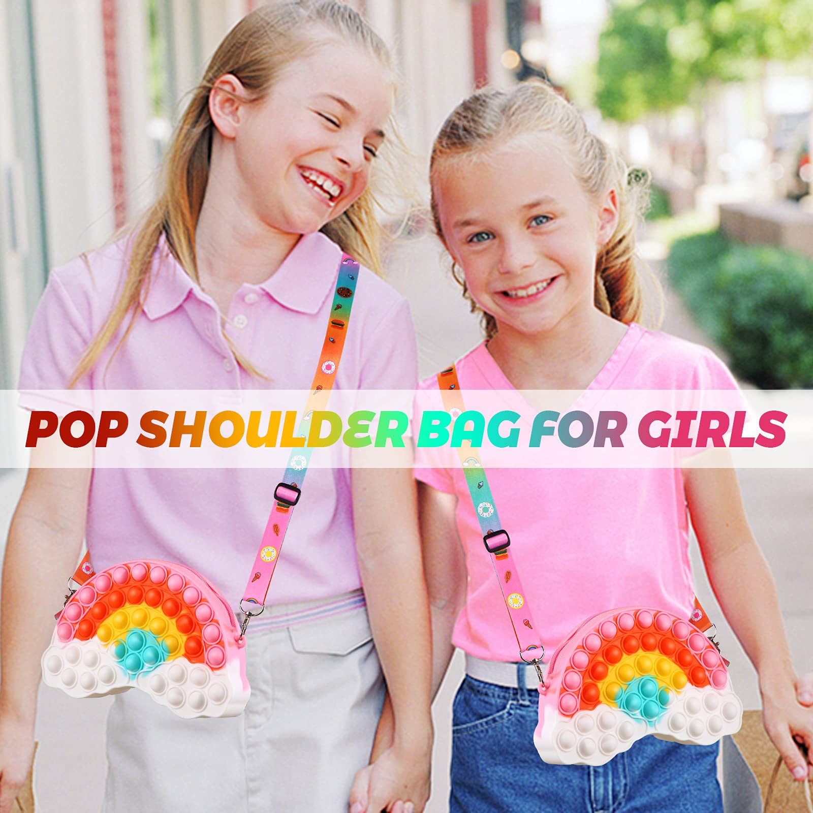 Pop Fidget Toys Shoulder Bag- Rainbow Pop Fidgets Bag Purse for Girls- Relief Stress Sensory Fidget Toys for Kids- Push Popper Crossbody Handbags Christmas Pop Halloween Birthday Party Gifts