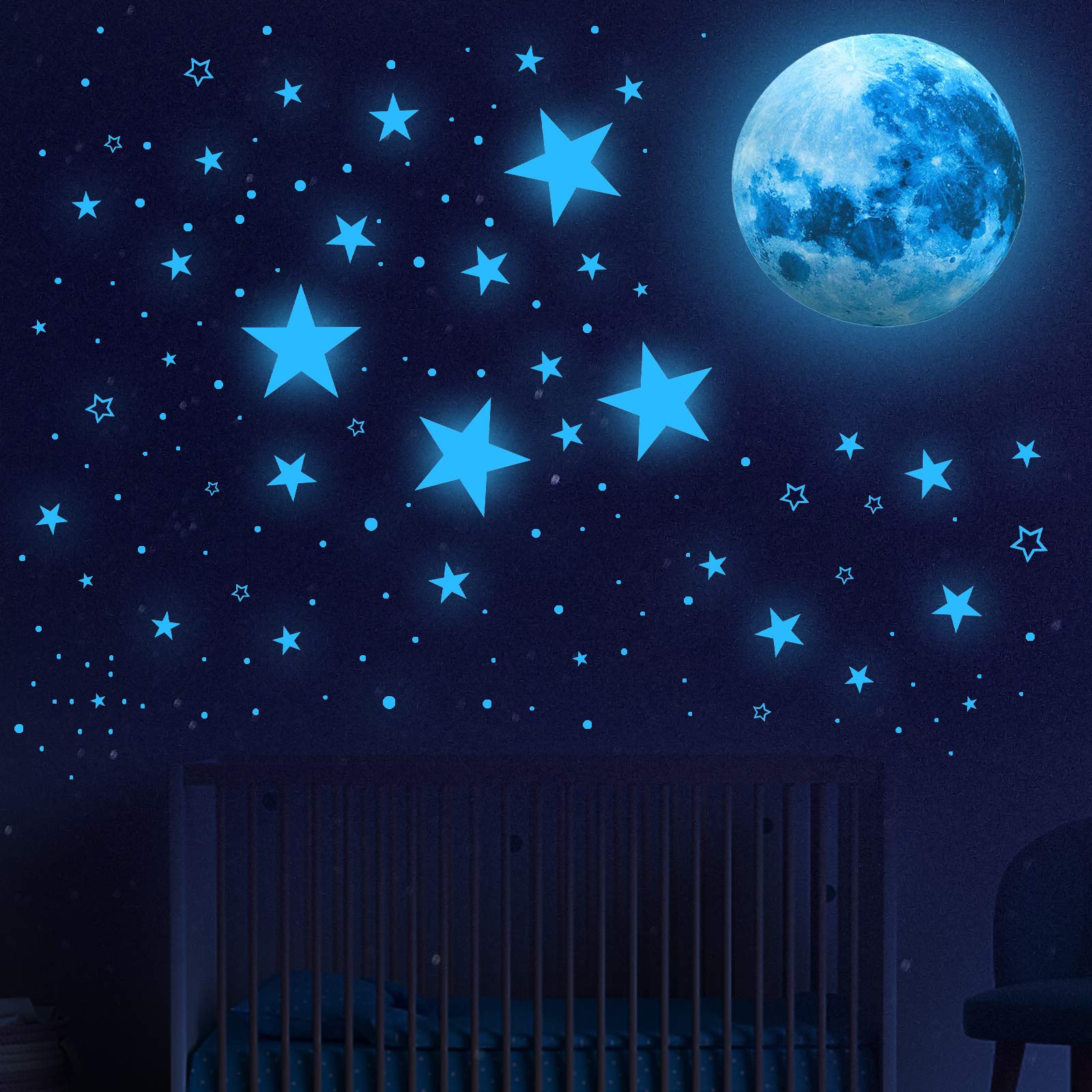 Glow in The Dark Stars for Ceiling,Glow in The Dark Stars and Moon Wall Decals, 1108 Pcs Ceiling Stars Glow in The Dark Kids Wall Decors, Perfect for Kids Nursery Bedroom Living Room(Sky Blue) (Sky Blue)