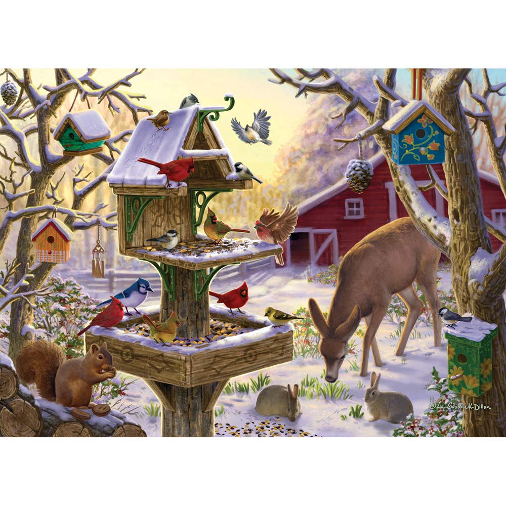 Bits and Pieces - Set of Two (2) 300 Piece Christmas Jigsaw Puzzles for Adults - Building a Snowman on a Snow Day, Sunrise Feasting - 300 pc Winter Snow Jigsaws by Artist Liz Goodrick-Dillon