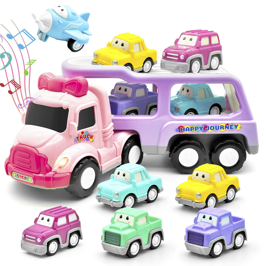 LASCOTON Toys for 1 2 Year Old Girl, 7-in-1 Carrier Truck, Toddler Girl Toys, Friction Power Toy Cars with Light & Sound, 1 2 3 Year Old Girl Gifts Birthday for Kids Girls Pink Toy