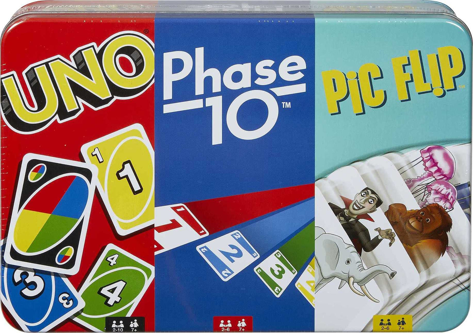 Mattel UNO, Phase 10 and Pic Flip Bundle Tin, 3 Card Games for Players 7 Year Olds & Up, Decorative Storage Tin, Gift for Kid, Family & Adult Game Night 7 Years & Older
