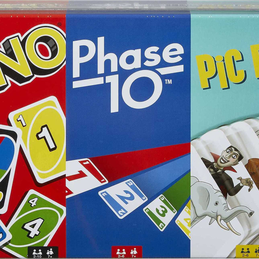 Mattel UNO, Phase 10 and Pic Flip Bundle Tin, 3 Card Games for Players 7 Year Olds & Up, Decorative Storage Tin, Gift for Kid, Family & Adult Game Night 7 Years & Older