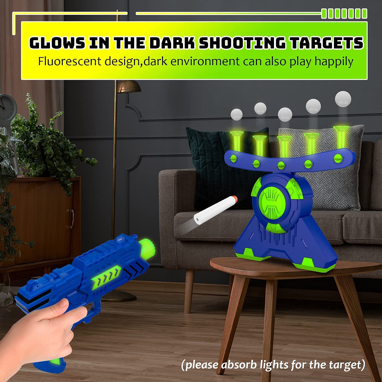Shooting Games Toy Gift for Age 4, 5, 6, 7, 8, 9, 10+ Years Old Kids, Glow in The Dark Boy Toy Floating Ball Targets with Foam Dart Toy Blaster, 10 Balls 5 Targets, Compatible with Nerf Toy Blaster