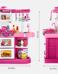 Temi Play Kitchen Playset Pretend Food - 53 PCS Pink Kitchen Toys for Toddlers, Toy Accessories Toddler Set w/ Real Sounds and Light, Toddler Outdoor Playset for Kids, Girls & Boys

