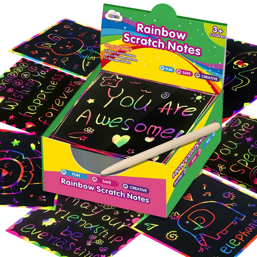 ZMLM Rainbow Scratch Mini Art Notes - 125 Magic Scratch Note Off Paper Pads Cards Sheets for Kids Black Scratch Note Arts Crafts DIY Party Favor Supplies Kit Birthday Game Toy Gifts Box for Girls Boys