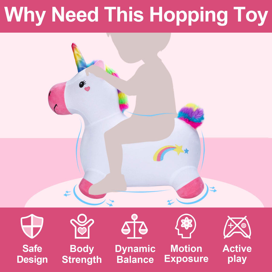 iPlay, iLearn Bouncy Pals Unicorn Hopping Horse Plush, Outdoor n Indoor Ride on Animal Toys, Inflatable Hopper, Activity Riding Birthday Gift for 18 Months 2 3 4 Year Old Kid Toddler Girl W/ Pump