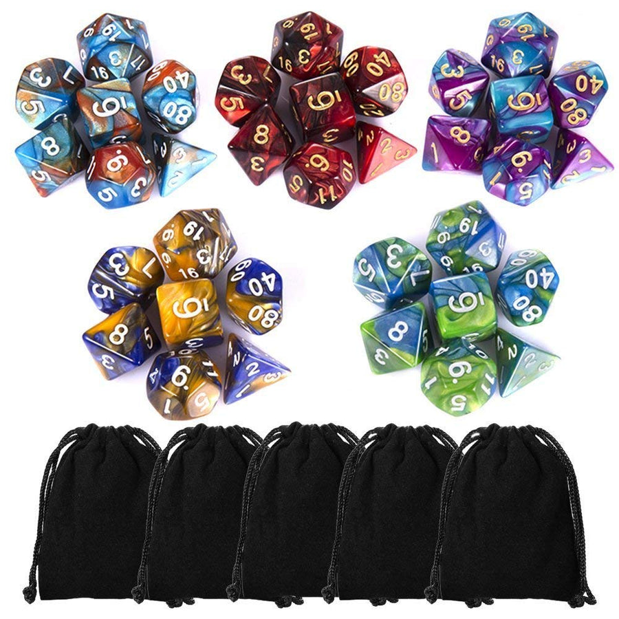 CiaraQ Polyhedral Dice Set (35 Pieces) with Black Pouches, 5 Complete Double-Colors Dice Sets of D4 D6 D8 D10 D% D12 D20 Compatible with Dungeons and Dragons DND RPG MTG Table Games