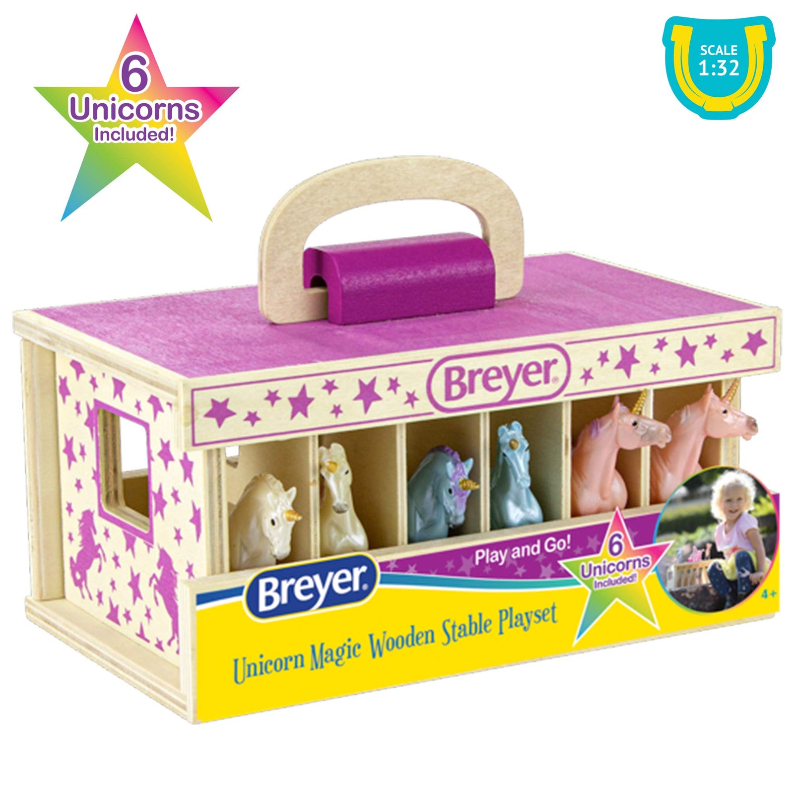 Breyer Horses Unicorn Magic Wooden Stable Playset with 6 Unicorns | 6 Piece Playset | 6 Stablemates Unicorns Included | 6” H x 9” L x 2.5” D | 1:32 Scale | Model #59218, Multicolor