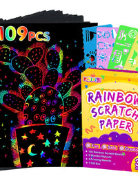 pigipigi Rainbow Scratch Paper Art - 109 Pcs Magic Scratch Off Craft Kit for Kids Color Drawing Note Pad Supply for Children Girls Boys DIY Party Favor Game Activity Birthday Christmas Toy Gift Set
